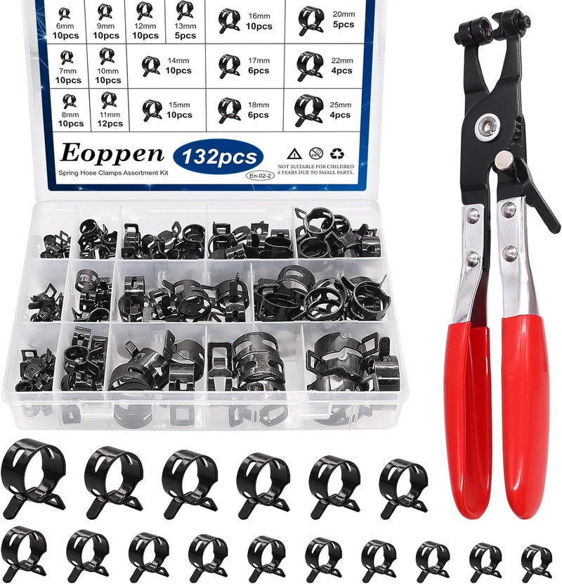 Eoppen 132Pcs 6-25mm Spring Hose Clamps Assortment Kit with Swivel Flat Band Fuel Hose Clamp Plier - 16 Sizes Fuel Line Silicone Vacuum Hose Low Pressure Air Clamps - Image 1